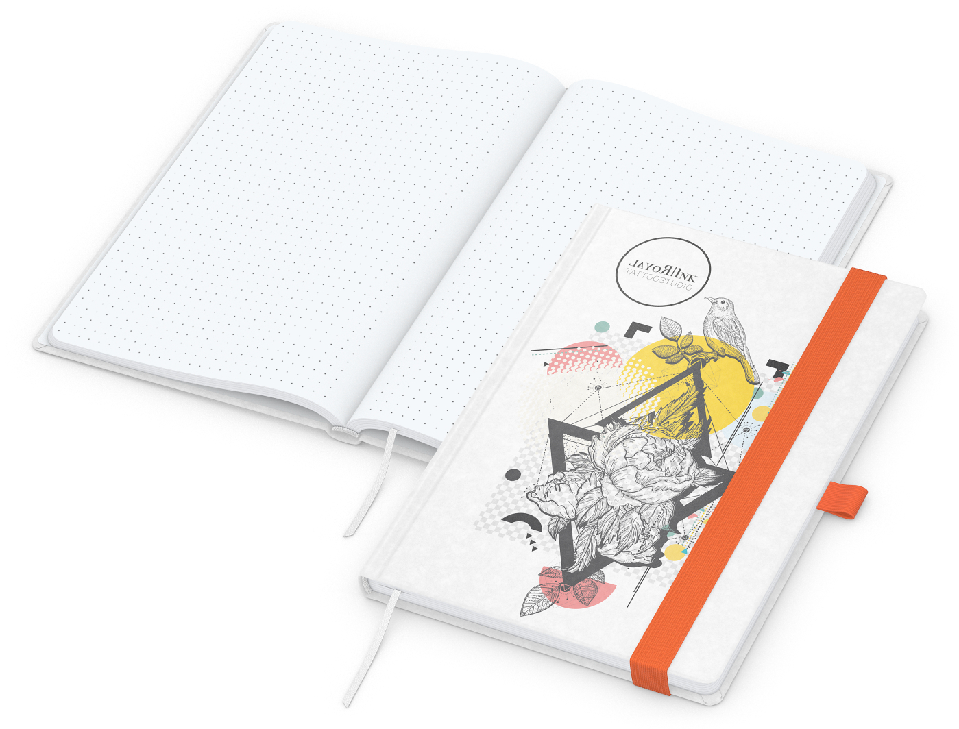 Notizbuch Match-Book Naturpapier-Hardcover individuell bedruckt, DIN A5, Papierfarbe/Lineatur Hochweiß/Punktraster, Einband-Papierfarbe Weiß