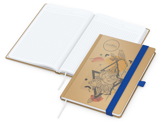 Notizbuch Match-Book Naturpapier-Hardcover individuell bedruckt, DIN A5, Papierfarbe/Lineatur Hochweiß/Winkelkaro, Einband-Papierfarbe Braun