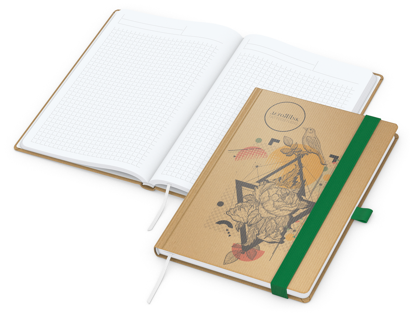 Notizbuch Match-Book Naturpapier-Hardcover individuell bedruckt, DIN A5, Papierfarbe/Lineatur Hochweiß/Winkelkaro, Einband-Papierfarbe Braun