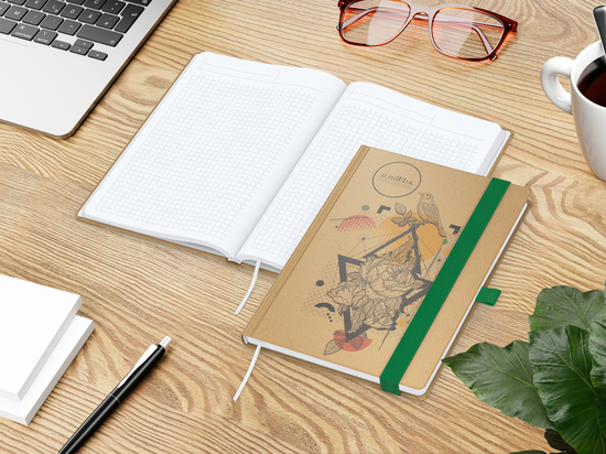 Notizbuch Match-Book Naturpapier-Hardcover individuell bedruckt, DIN A5, Papierfarbe/Lineatur Hochweiß/Winkelkaro, Einband-Papierfarbe Braun