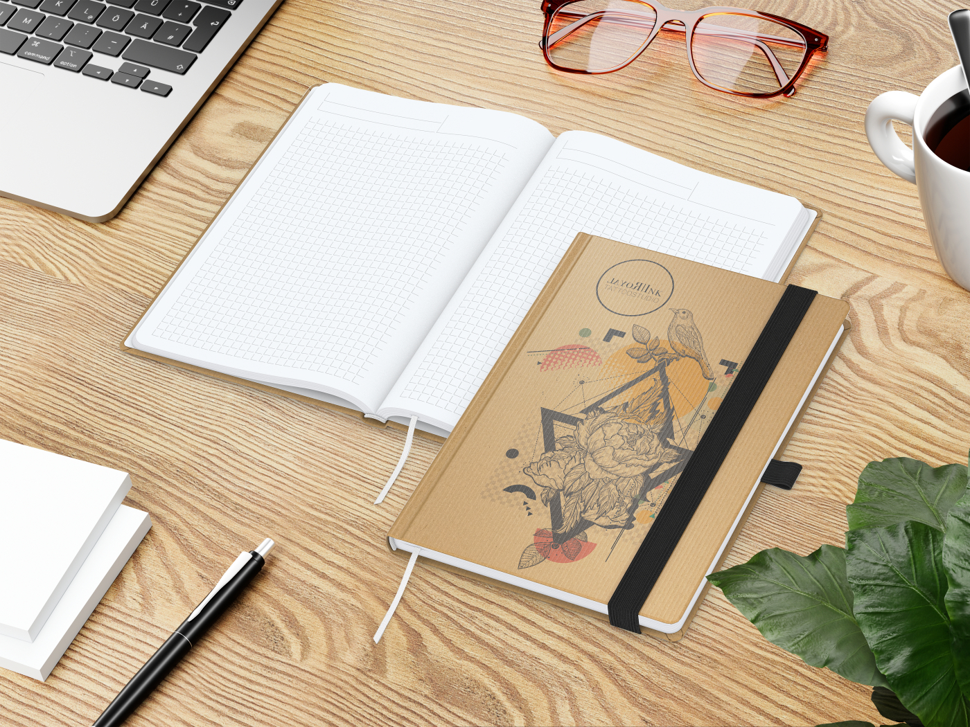 Notizbuch Match-Book Naturpapier-Hardcover individuell bedruckt, DIN A5, Papierfarbe/Lineatur Hochweiß/Winkelkaro, Einband-Papierfarbe Braun