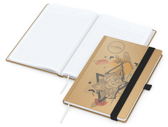 Notizbuch Match-Book Naturpapier-Hardcover individuell bedruckt, DIN A5, Papierfarbe/Lineatur Hochweiß/Winkelkaro, Einband-Papierfarbe Braun