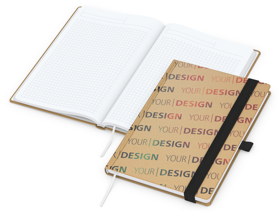 Notizbuch Match-Book Naturpapier-Hardcover individuell bedruckt, DIN A5, Papierfarbe/Lineatur Hochweiß/Winkelkaro, Einband-Papierfarbe Braun