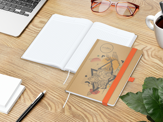 Notizbuch Match-Book Naturpapier-Hardcover individuell bedruckt, DIN A5, Papierfarbe/Lineatur Hochweiß/Winkelkaro, Einband-Papierfarbe Braun