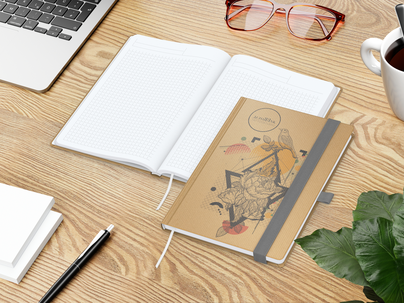 Notizbuch Match-Book Naturpapier-Hardcover individuell bedruckt, DIN A5, Papierfarbe/Lineatur Hochweiß/Winkelkaro, Einband-Papierfarbe Braun