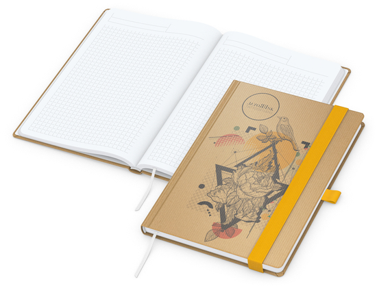 Notizbuch Match-Book Naturpapier-Hardcover individuell bedruckt, DIN A5, Papierfarbe/Lineatur Hochweiß/Winkelkaro, Einband-Papierfarbe Braun