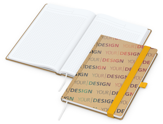 Notizbuch Match-Book Naturpapier-Hardcover individuell bedruckt, DIN A5, Papierfarbe/Lineatur Hochweiß/Winkelkaro, Einband-Papierfarbe Braun