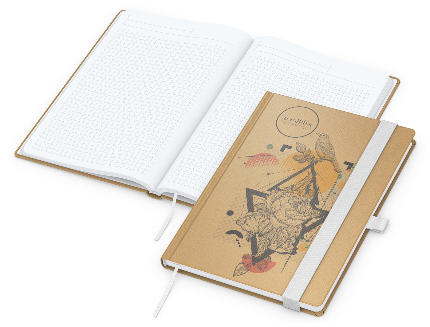 Notizbuch Match-Book Naturpapier-Hardcover individuell bedruckt, DIN A5, Papierfarbe/Lineatur Hochweiß/Winkelkaro, Einband-Papierfarbe Braun