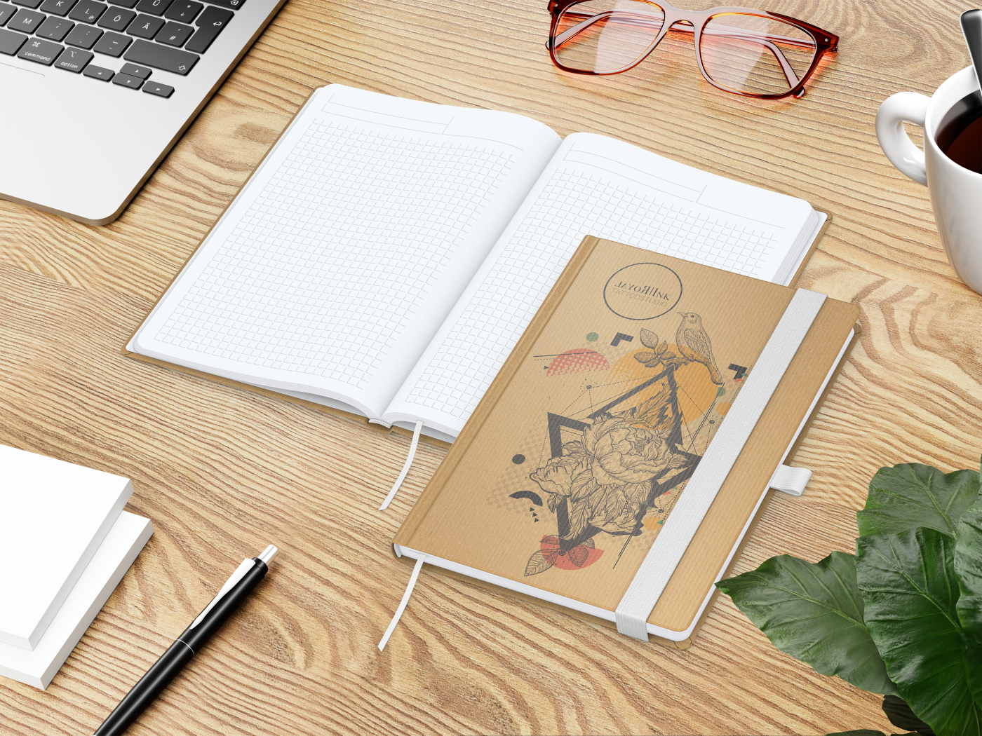 Notizbuch Match-Book Naturpapier-Hardcover individuell bedruckt, DIN A5, Papierfarbe/Lineatur Hochweiß/Winkelkaro, Einband-Papierfarbe Braun