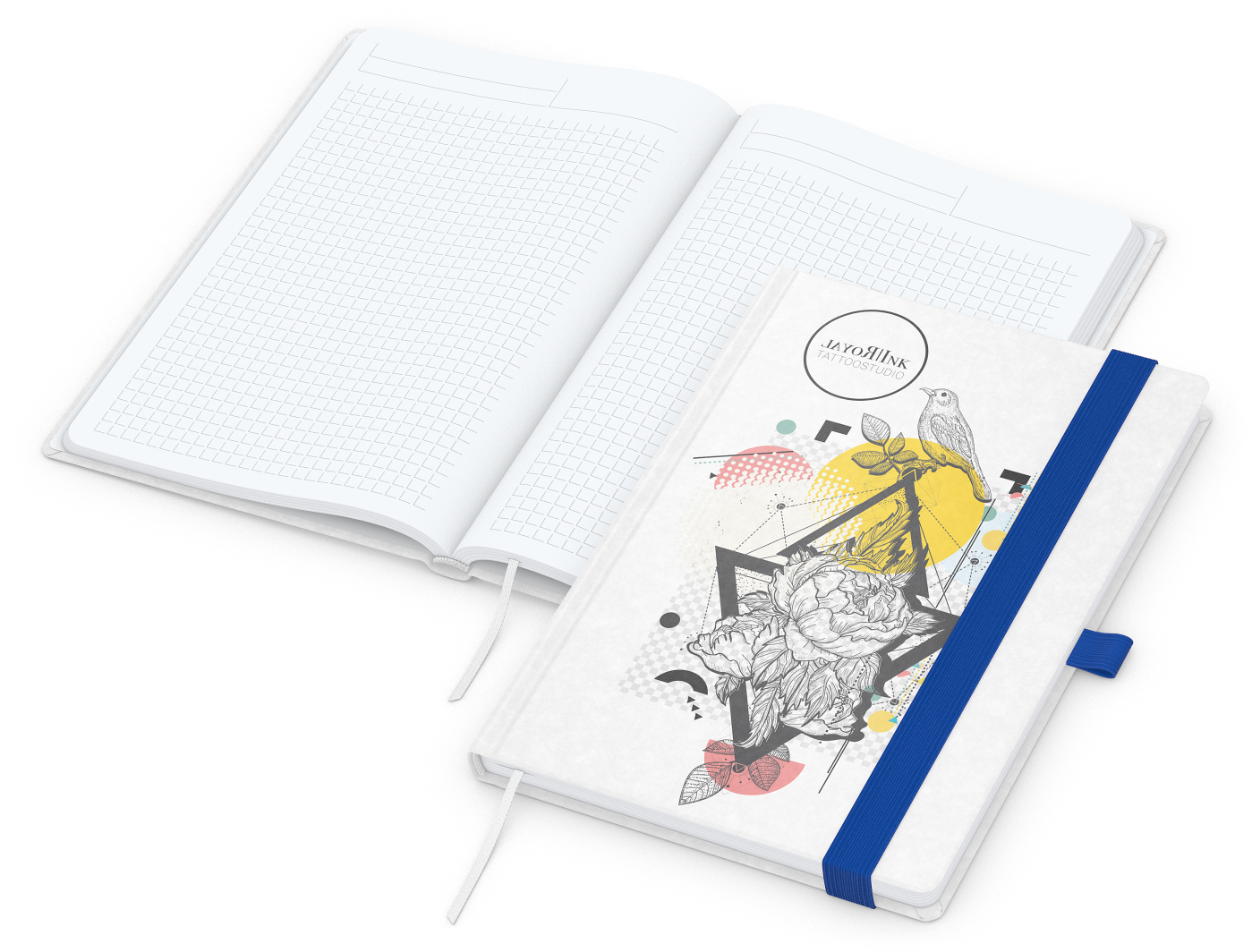 Notizbuch Match-Book Naturpapier-Hardcover individuell bedruckt, DIN A5, Papierfarbe/Lineatur Hochweiß/Winkelkaro, Einband-Papierfarbe Weiß