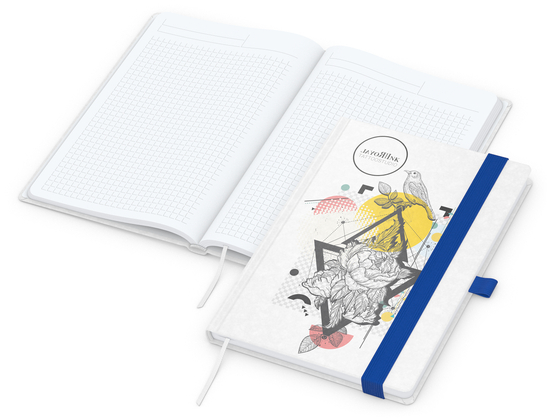Notizbuch Match-Book Naturpapier-Hardcover individuell bedruckt, DIN A5, Papierfarbe/Lineatur Hochweiß/Winkelkaro, Einband-Papierfarbe Weiß