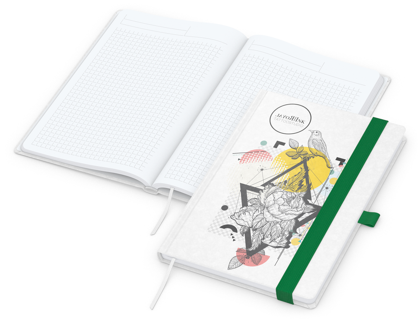 Notizbuch Match-Book Naturpapier-Hardcover individuell bedruckt, DIN A5, Papierfarbe/Lineatur Hochweiß/Winkelkaro, Einband-Papierfarbe Weiß