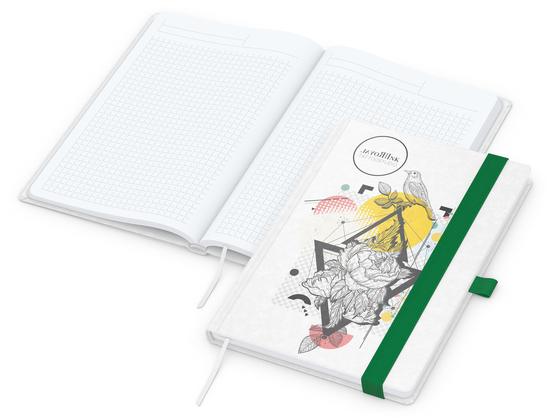 Notizbuch Match-Book Naturpapier-Hardcover individuell bedruckt, DIN A5, Papierfarbe/Lineatur Hochweiß/Winkelkaro, Einband-Papierfarbe Weiß