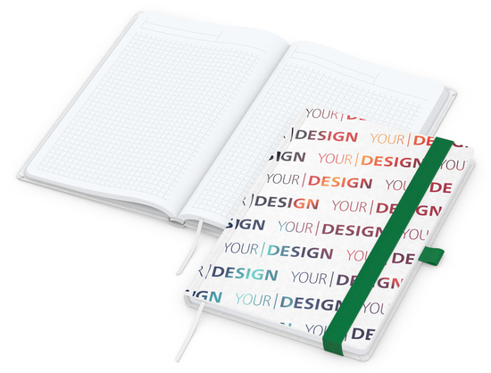Notizbuch Match-Book Naturpapier-Hardcover individuell bedruckt, DIN A5, Papierfarbe/Lineatur Hochweiß/Winkelkaro, Einband-Papierfarbe Weiß