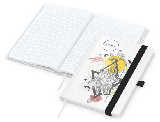Notizbuch Match-Book Naturpapier-Hardcover individuell bedruckt, DIN A5, Papierfarbe/Lineatur Hochweiß/Winkelkaro, Einband-Papierfarbe Weiß