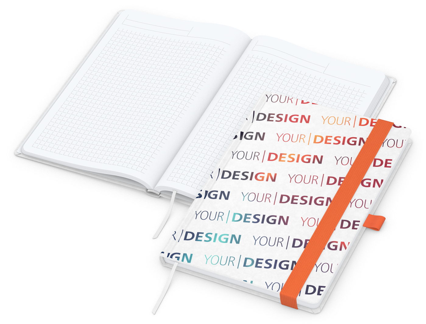 Notizbuch Match-Book Naturpapier-Hardcover individuell bedruckt, DIN A5, Papierfarbe/Lineatur Hochweiß/Winkelkaro, Einband-Papierfarbe Weiß