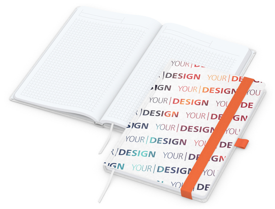 Notizbuch Match-Book Naturpapier-Hardcover individuell bedruckt, DIN A5, Papierfarbe/Lineatur Hochweiß/Winkelkaro, Einband-Papierfarbe Weiß