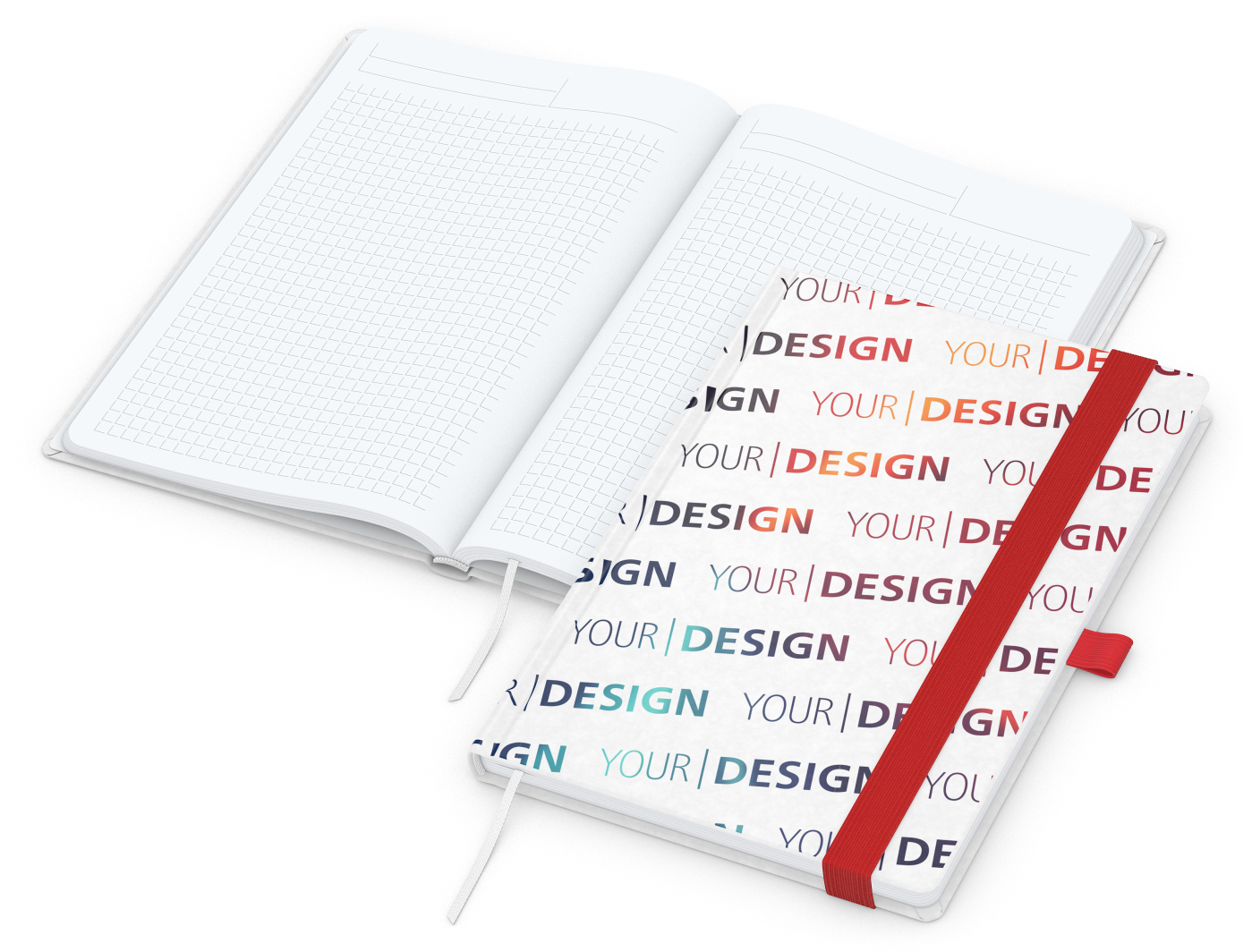 Notizbuch Match-Book Naturpapier-Hardcover individuell bedruckt, DIN A5, Papierfarbe/Lineatur Hochweiß/Winkelkaro, Einband-Papierfarbe Weiß