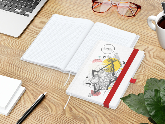 Notizbuch Match-Book Naturpapier-Hardcover individuell bedruckt, DIN A5, Papierfarbe/Lineatur Hochweiß/Winkelkaro, Einband-Papierfarbe Weiß