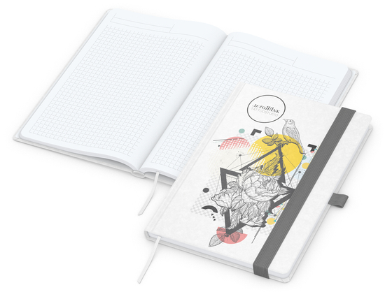 Notizbuch Match-Book Naturpapier-Hardcover individuell bedruckt, DIN A5, Papierfarbe/Lineatur Hochweiß/Winkelkaro, Einband-Papierfarbe Weiß