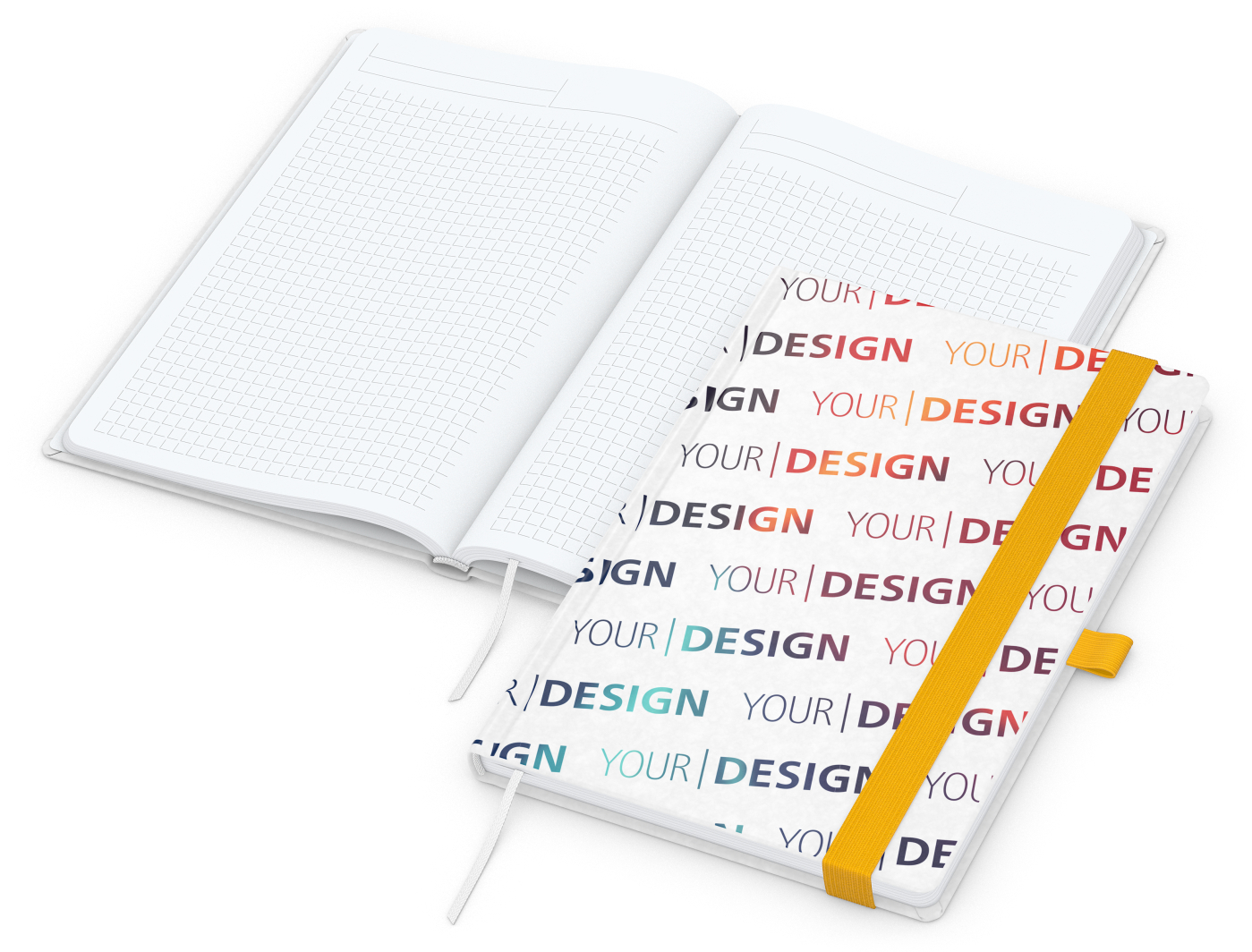 Notizbuch Match-Book Naturpapier-Hardcover individuell bedruckt, DIN A5, Papierfarbe/Lineatur Hochweiß/Winkelkaro, Einband-Papierfarbe Weiß