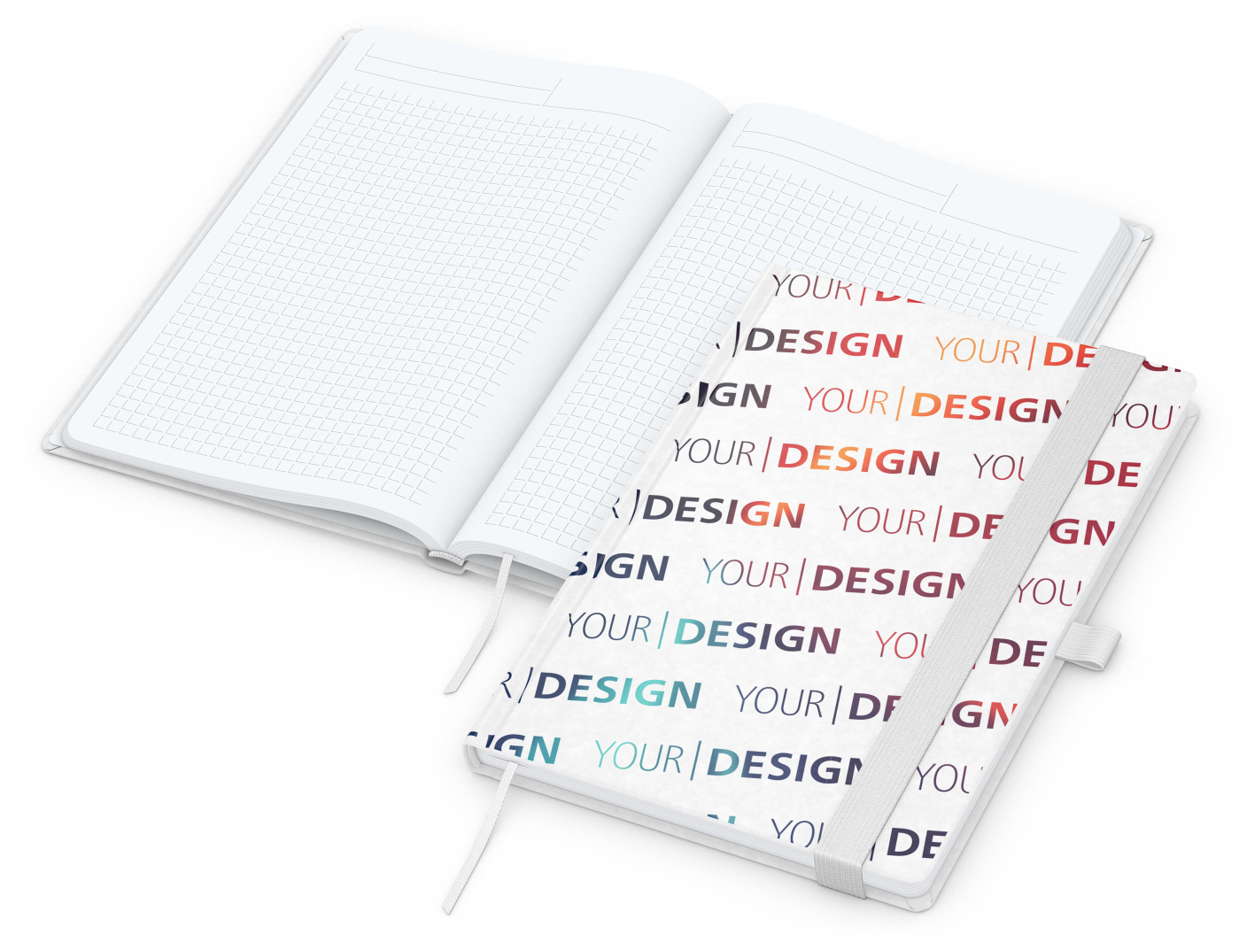 Notizbuch Match-Book Naturpapier-Hardcover individuell bedruckt, DIN A5, Papierfarbe/Lineatur Hochweiß/Winkelkaro, Einband-Papierfarbe Weiß