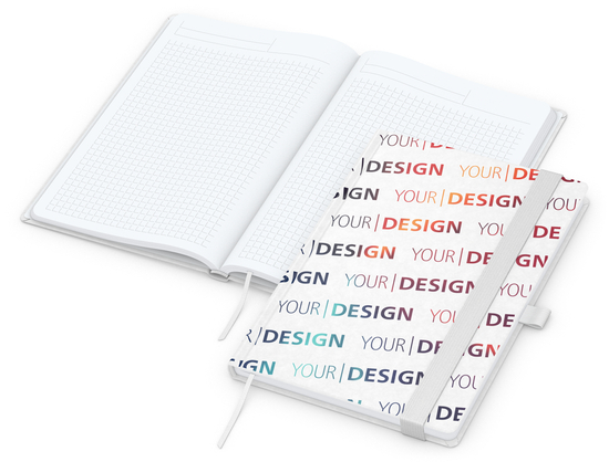 Notizbuch Match-Book Naturpapier-Hardcover individuell bedruckt, DIN A5, Papierfarbe/Lineatur Hochweiß/Winkelkaro, Einband-Papierfarbe Weiß