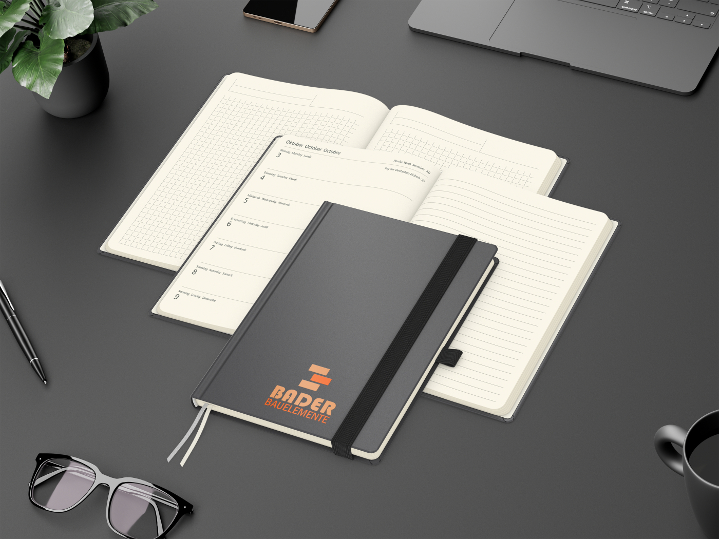 Wochenkalender links + Notizen rechts Vision-Hybrid Kunstleder-Hardcover A5, Siebdruck-Digital inkl.