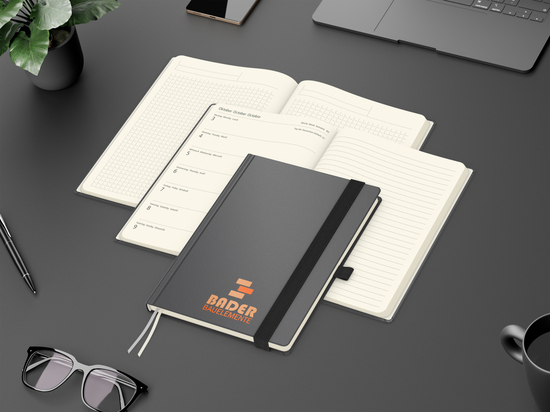 Wochenkalender links + Notizen rechts Vision-Hybrid Kunstleder-Hardcover A5, Siebdruck-Digital inkl.