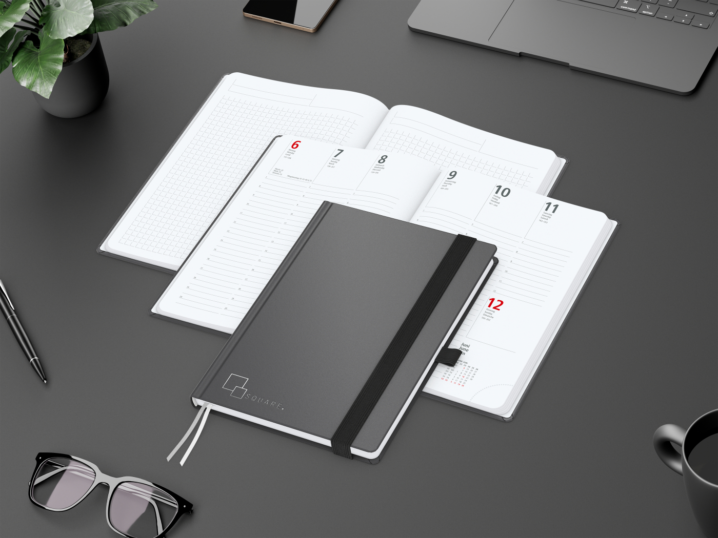 Wochenkalender vorne + Notizen hinten Vision-Hybrid Kunstleder-Hardcover A5, Silberprägung inkl.