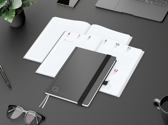 Wochenkalender vorne + Notizen hinten Vision-Hybrid Kunstleder-Hardcover A5, Silberprägung inkl.