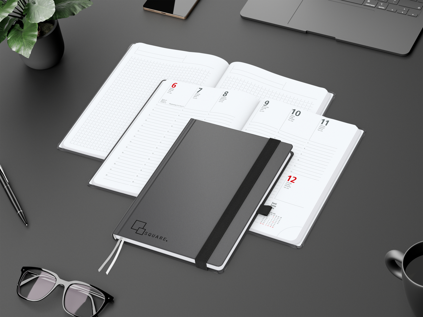 Wochenkalender vorne + Notizen hinten Vision-Hybrid Kunstleder-Hardcover A5, Prägung schwarz-glänzend inkl.