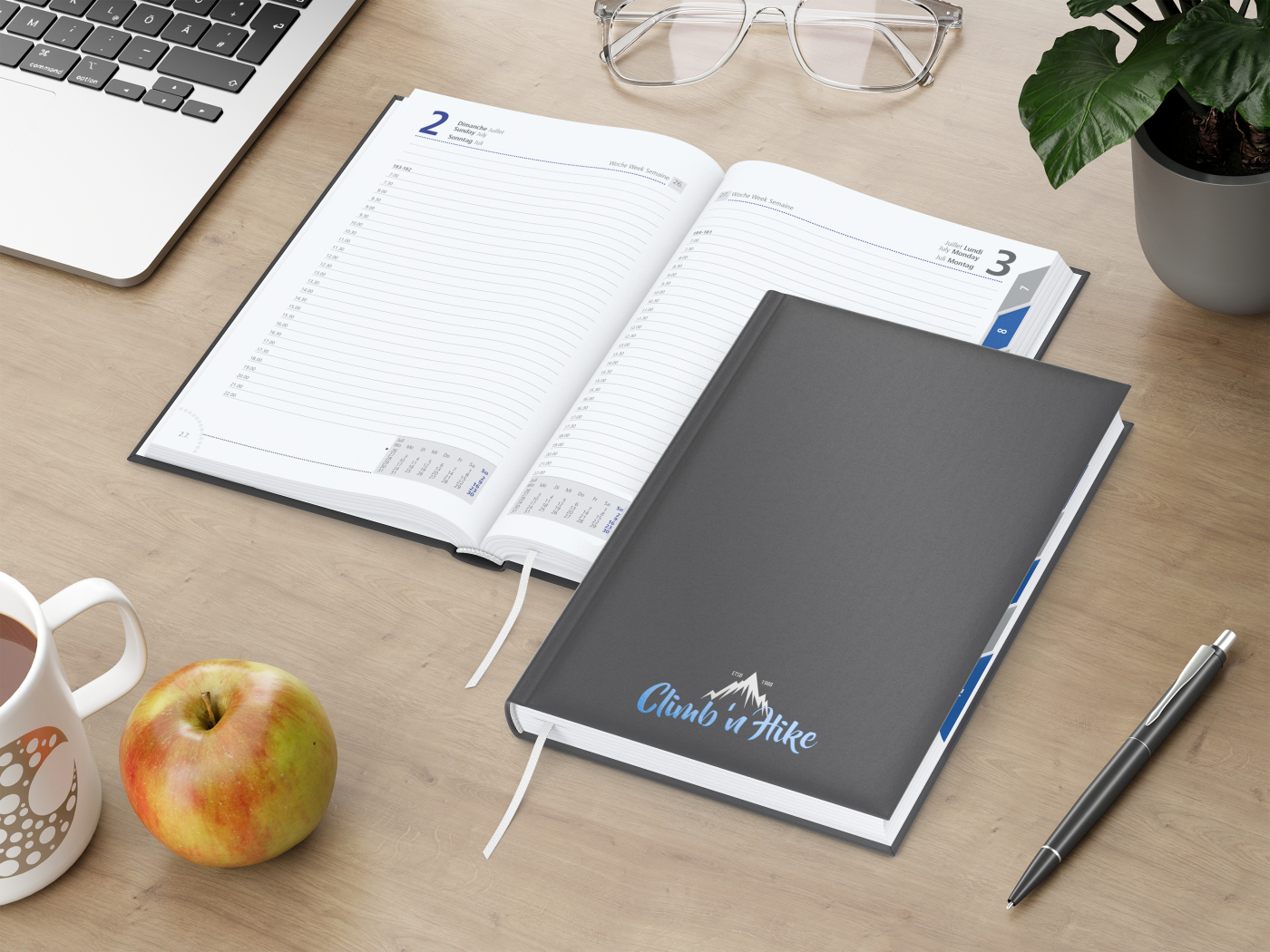 Tageskalender Manager Monatsregister Mo.–So. je 1 Seite Kunstleder-Hardcover, Siebdruck-Digital inkl.