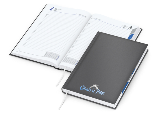 Tageskalender Manager Monatsregister Mo.–So. je 1 Seite Kunstleder-Hardcover, Siebdruck-Digital inkl.
