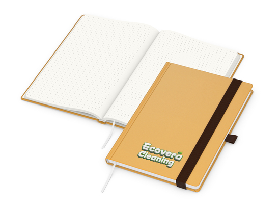 Notizbuch Organic-Book RECYCLING Apfelleder-Hardcover farbig A5, Lineatur Punktraster, Material-Infoblatt nein, Siebdruck-Digital inkl.