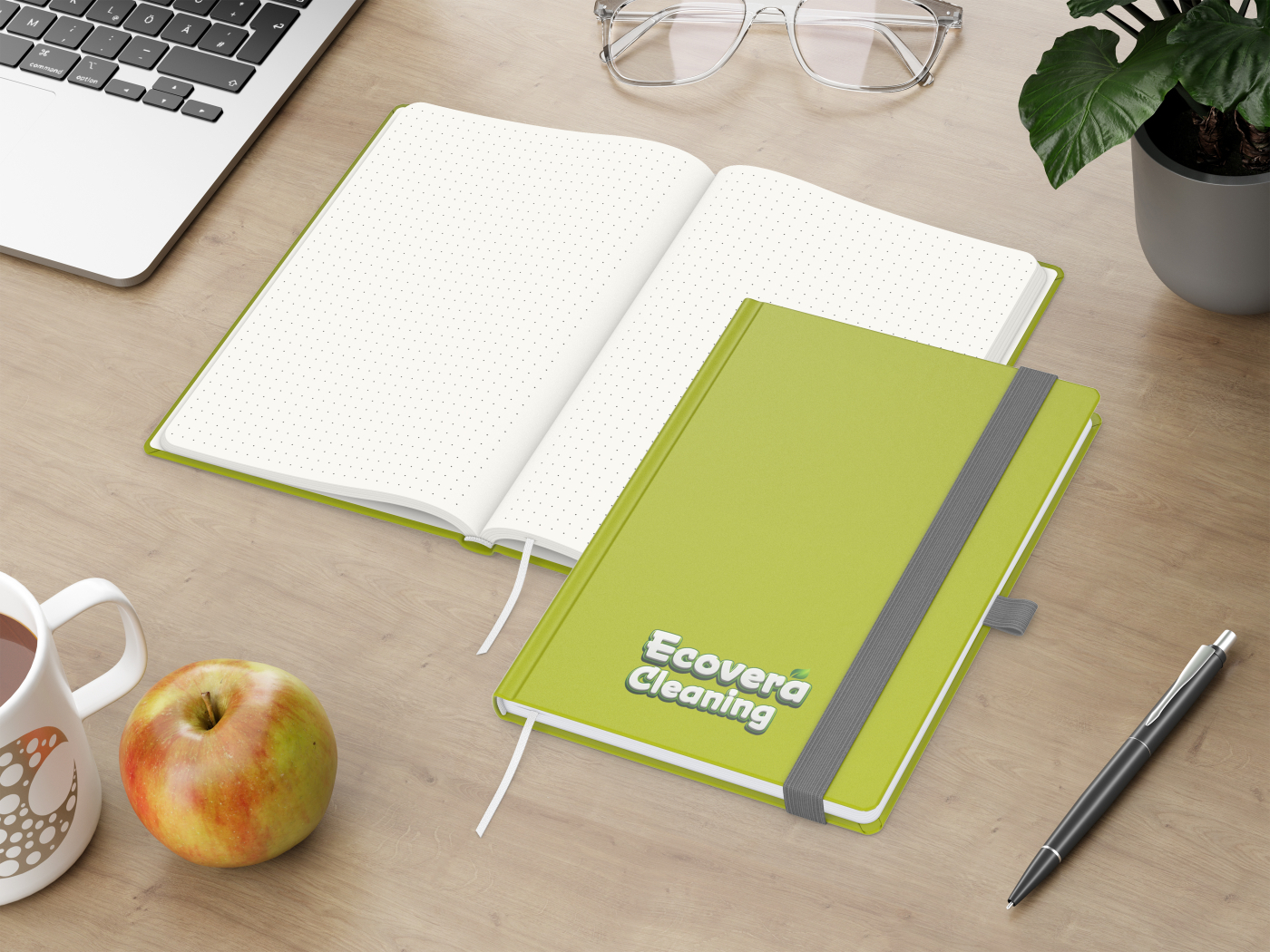 Notizbuch Organic-Book RECYCLING Apfelleder-Hardcover farbig A5, Lineatur Punktraster, Material-Infoblatt nein, Siebdruck-Digital inkl.