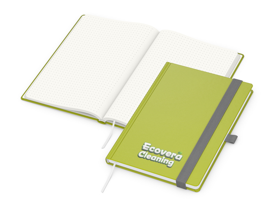 Notizbuch Organic-Book RECYCLING Apfelleder-Hardcover farbig A5, Lineatur Punktraster, Material-Infoblatt nein, Siebdruck-Digital inkl.