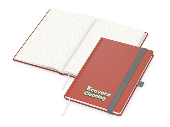 Notizbuch Organic-Book RECYCLING Apfelleder-Hardcover farbig A5, Lineatur Punktraster, Material-Infoblatt nein, Siebdruck-Digital inkl.
