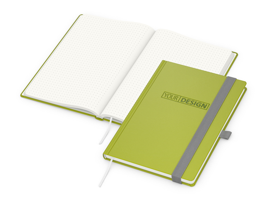 Notizbuch Organic-Book RECYCLING Apfelleder-Hardcover farbig A5, Lineatur Punktraster, Material-Infoblatt nein, Blindprägung inkl.