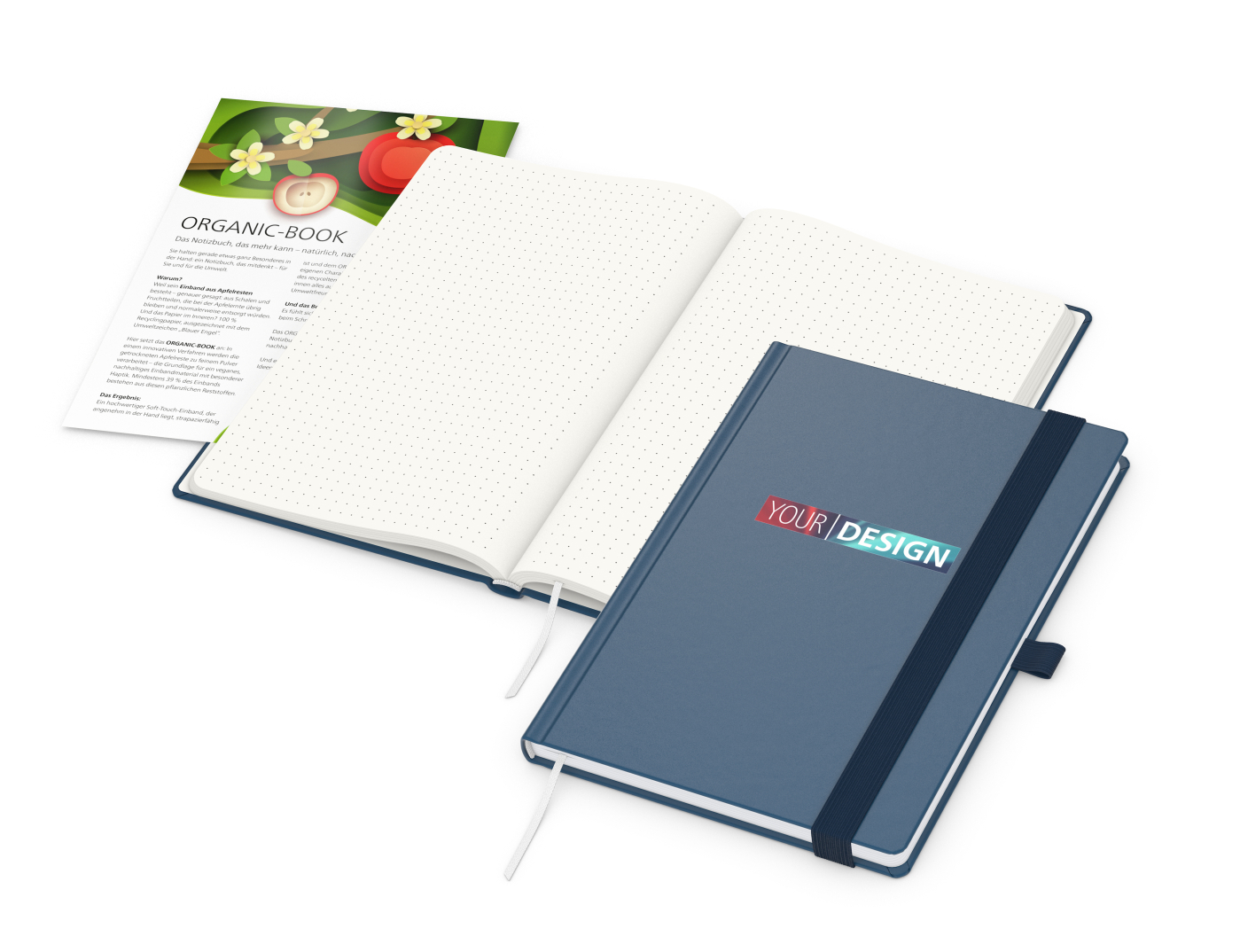 Notizbuch Organic-Book RECYCLING Apfelleder-Hardcover farbig A5, Lineatur Punktraster, Material-Infoblatt ja, Siebdruck-Digital inkl.
