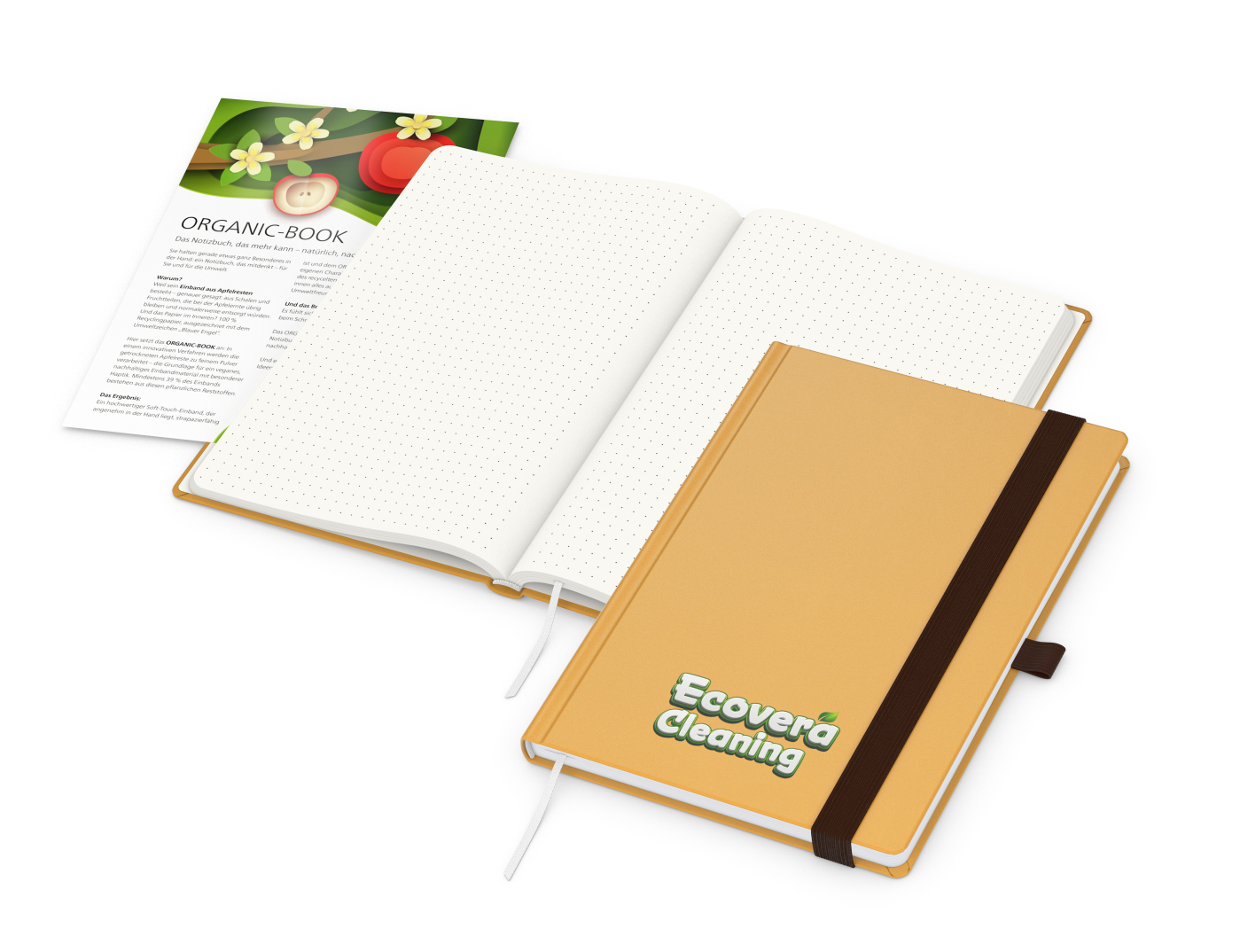 Notizbuch Organic-Book RECYCLING Apfelleder-Hardcover farbig A5, Lineatur Punktraster, Material-Infoblatt ja, Siebdruck-Digital inkl.