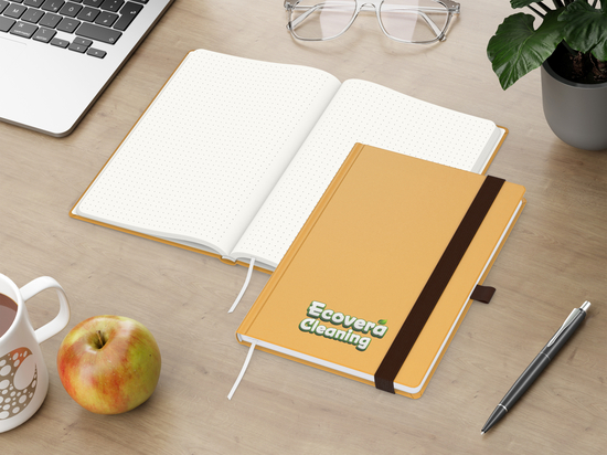 Notizbuch Organic-Book RECYCLING Apfelleder-Hardcover farbig A5, Lineatur Punktraster, Material-Infoblatt ja, Siebdruck-Digital inkl.