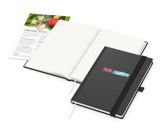 Notizbuch Organic-Book RECYCLING Apfelleder-Hardcover farbig A5, Lineatur Punktraster, Material-Infoblatt ja, Siebdruck-Digital inkl.