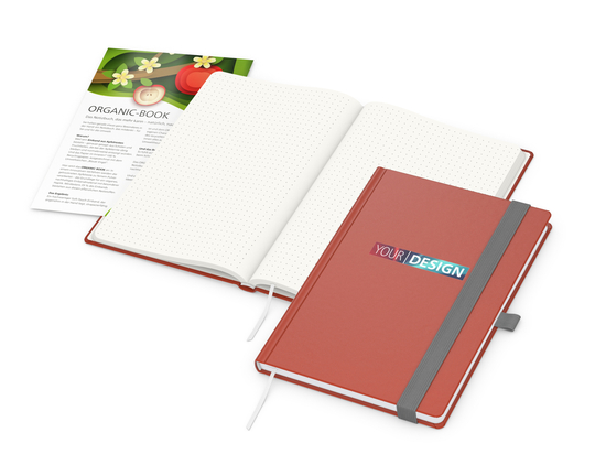 Notizbuch Organic-Book RECYCLING Apfelleder-Hardcover farbig A5, Lineatur Punktraster, Material-Infoblatt ja, Siebdruck-Digital inkl.