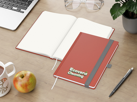 Notizbuch Organic-Book RECYCLING Apfelleder-Hardcover farbig A5, Lineatur Punktraster, Material-Infoblatt ja, Siebdruck-Digital inkl.