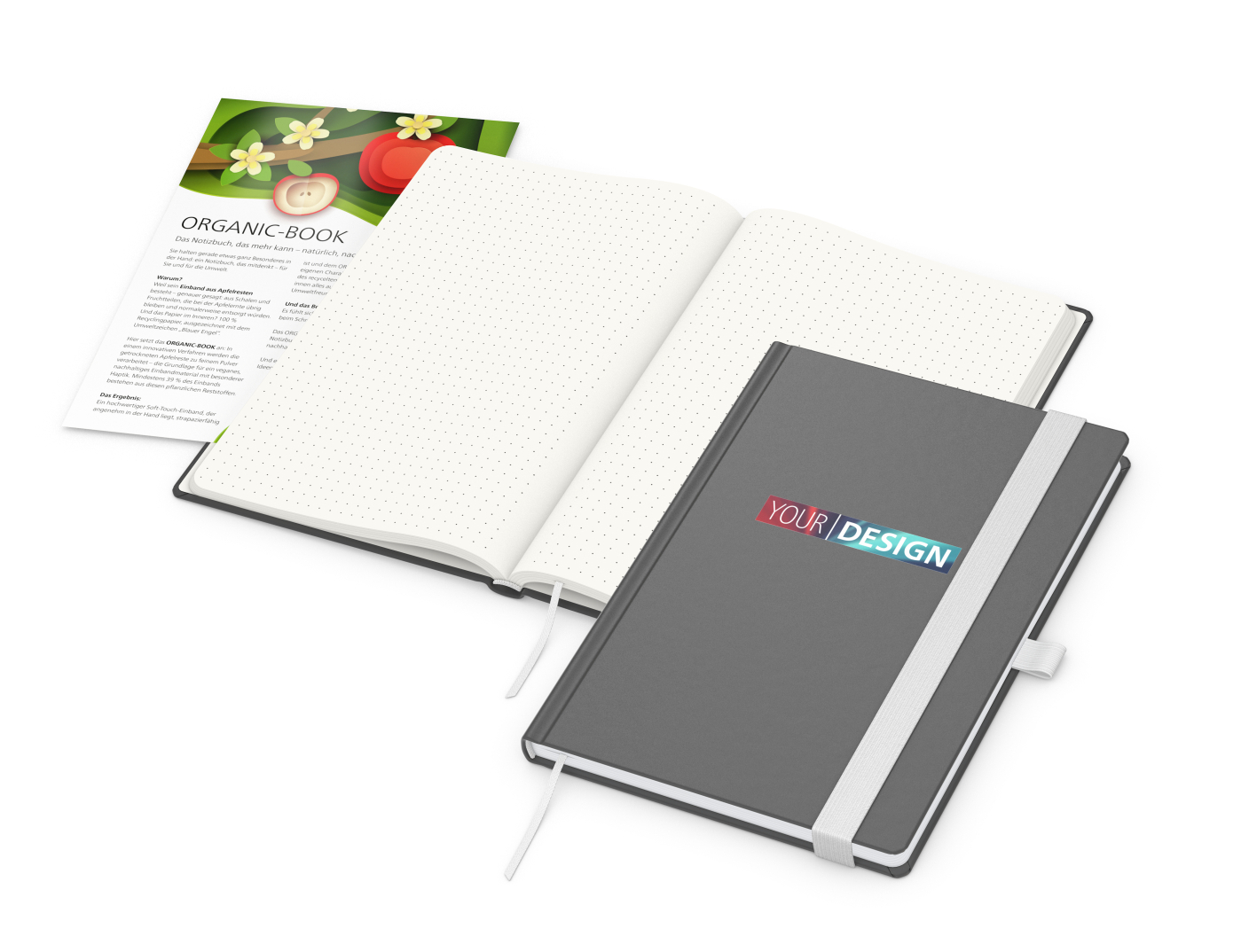 Notizbuch Organic-Book RECYCLING Apfelleder-Hardcover farbig A5, Lineatur Punktraster, Material-Infoblatt ja, Siebdruck-Digital inkl.