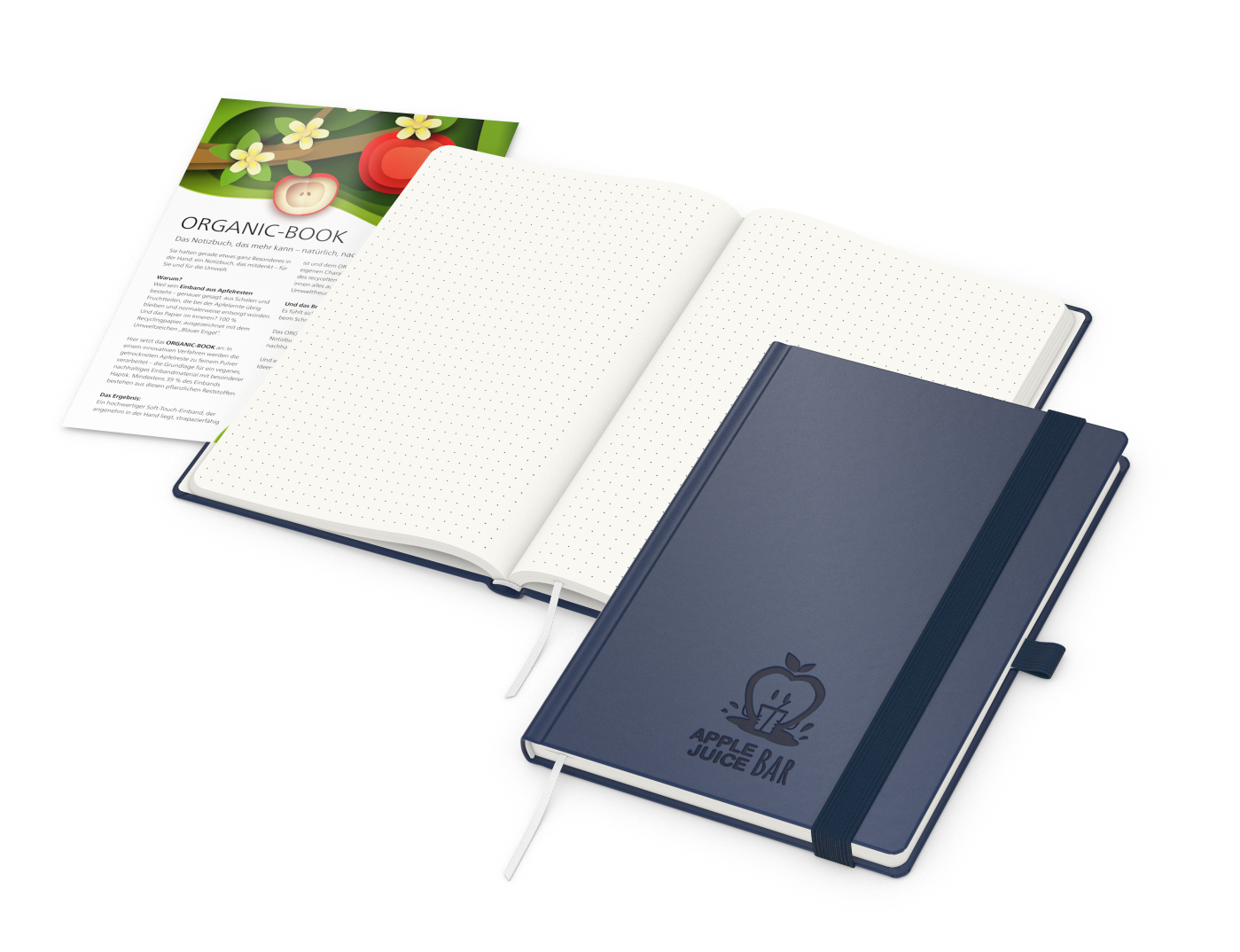 Notizbuch Organic-Book RECYCLING Apfelleder-Hardcover farbig A5, Lineatur Punktraster, Material-Infoblatt ja, Blindprägung inkl.