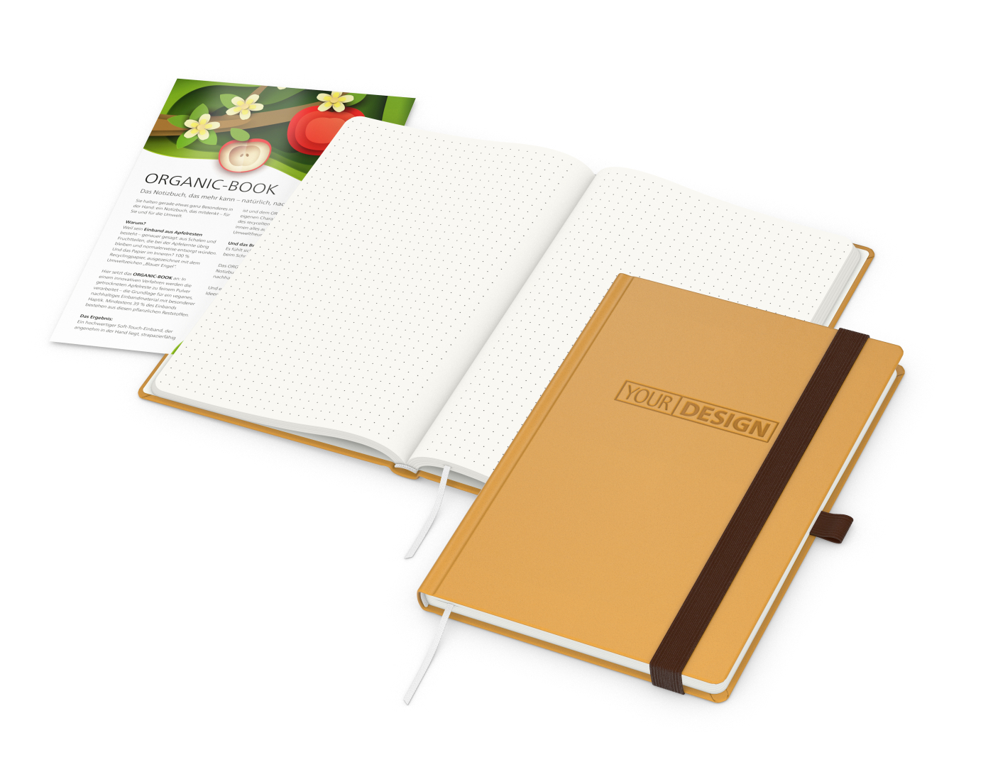 Notizbuch Organic-Book RECYCLING Apfelleder-Hardcover farbig A5, Lineatur Punktraster, Material-Infoblatt ja, Blindprägung inkl.