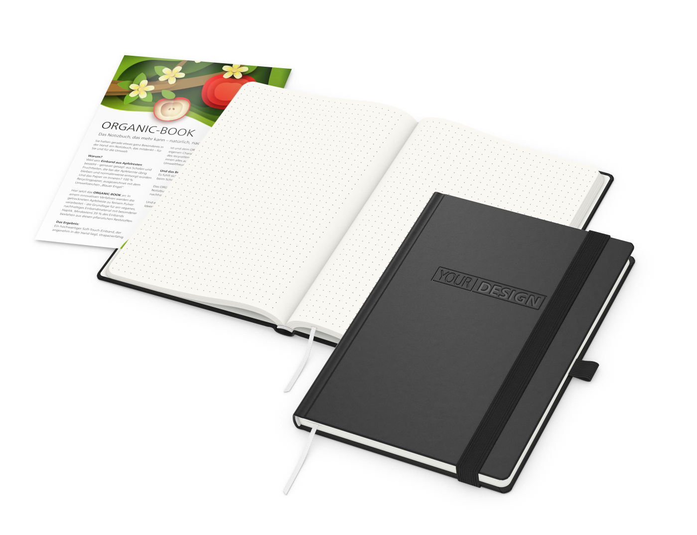Notizbuch Organic-Book RECYCLING Apfelleder-Hardcover farbig A5, Lineatur Punktraster, Material-Infoblatt ja, Blindprägung inkl.