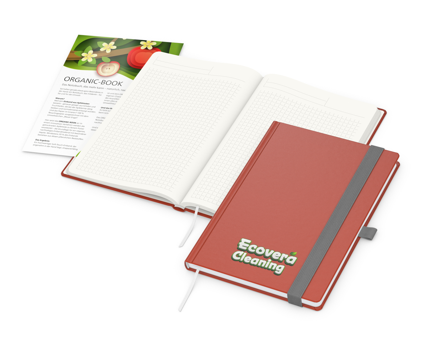 Notizbuch Organic-Book RECYCLING Apfelleder-Hardcover farbig A5, Lineatur Winkelkaro, Material-Infoblatt ja, Siebdruck-Digital inkl.